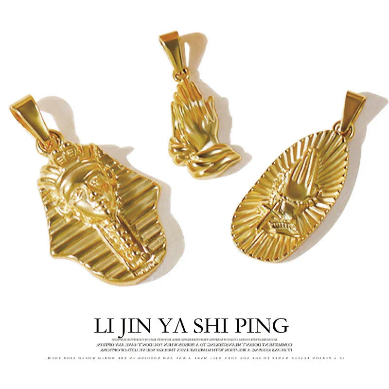 18K Gold Plated Stainless Steel Pendant Vintage Egyptian Pharaoh Portrait Lion Skull & Ghost Hand Charms Trendy Jewelry Vera Lux