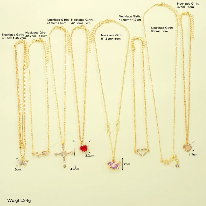 8 Pcs Simple Temperament Necklace Set For Women Elegant Gold Color Crystal Butterfly Cross Rose Heart Star Pendant Necklaces Vera Lux