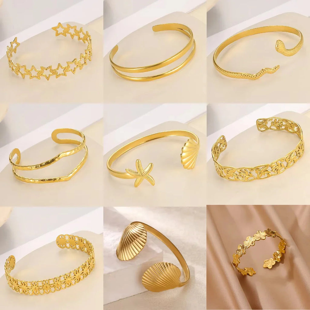 Summer Waterproof Cuff Bangles Bracelet For Women Cute Flower Double Layer Open Stainless Steel Gold Color Star Shell Jewelry Vera Lux