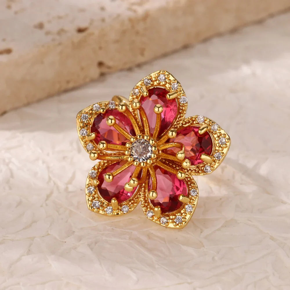 Luxury Colorful Zircon Flower Rings For Women Gold Color Stainless Steel Opening Ring Fashion Wedding Party Aesthetic Jewelry Vera Lux