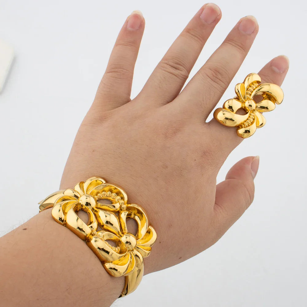 Leopard Design Bangle and Ring Jewelry Set Gold Plated African Bracelet Adjustable Ring Weddings Bridal Jewelry Accessories Vera Lux
