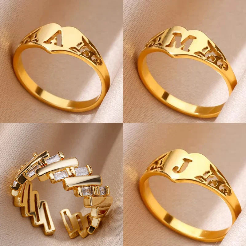 Fashion Hollow Initial Letter Heart Rings For Women Gold Color Stainless Steel A-Z Letter Ring Aesthetic Wedding Jewelry Gift Vera Lux