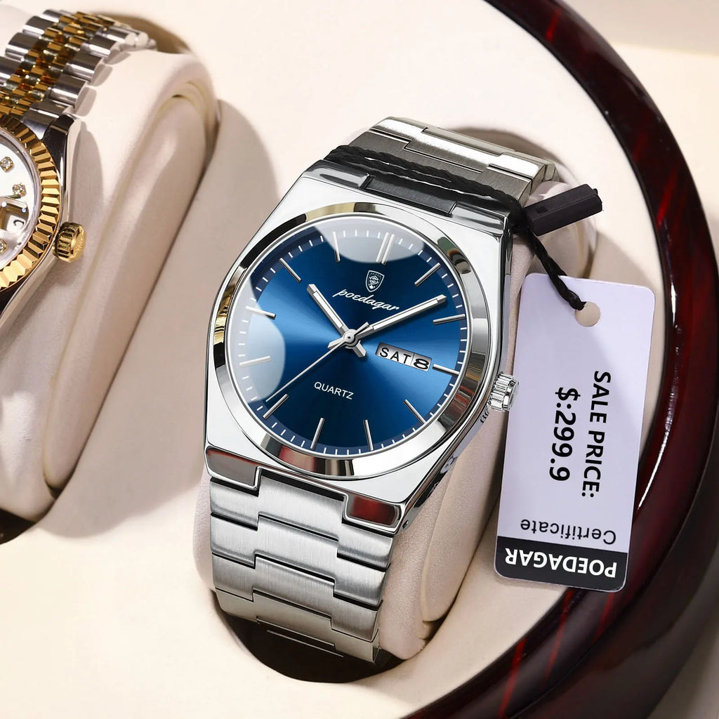 POEDAGAR Luxury Watch For Man Waterproof Luminous Date Week Stainless Steel Men Watch Casual Quartz Men's Watches Male Clock+box Vera Lux