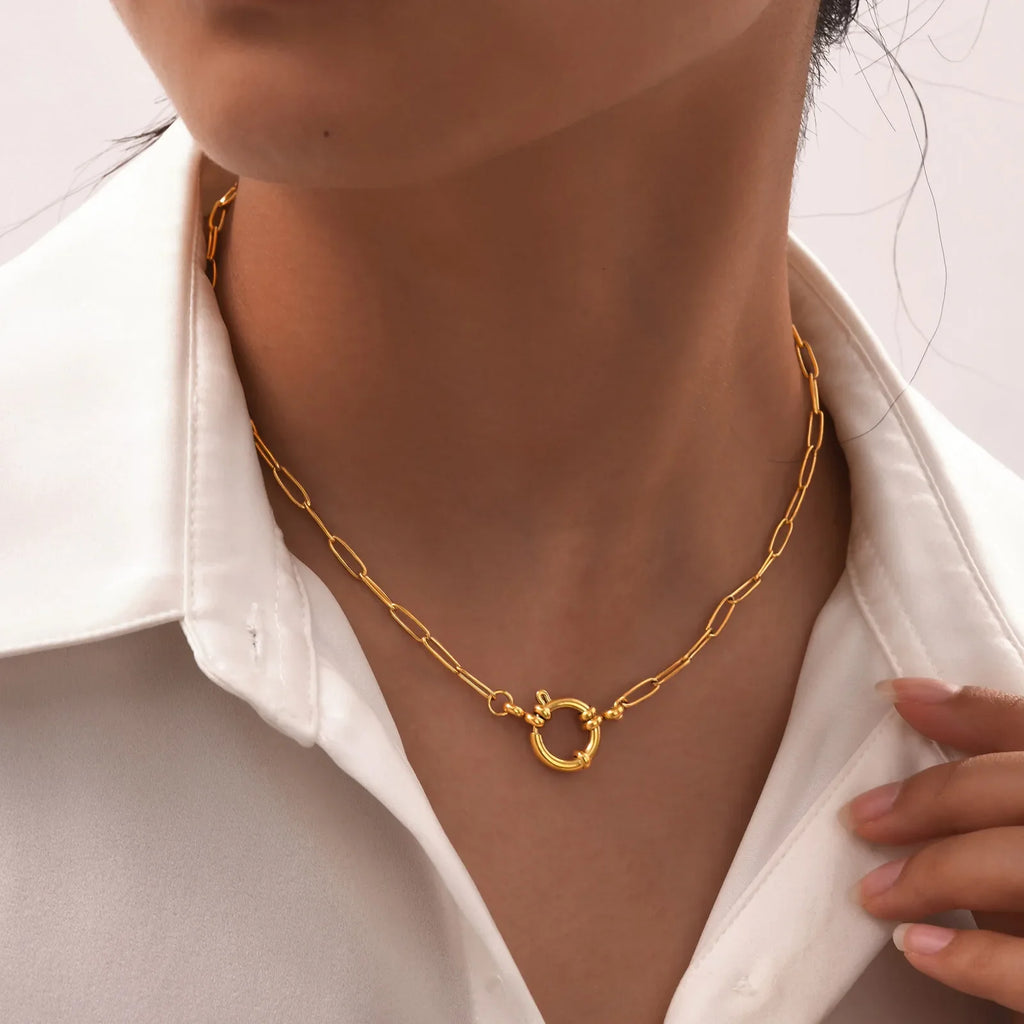 Paperclip Chain Choker Necklace, Women's Stainless Steel Spring Buckle Penddant Necklace, Waterproof 18k Gold Plated Jewelry Vera Lux