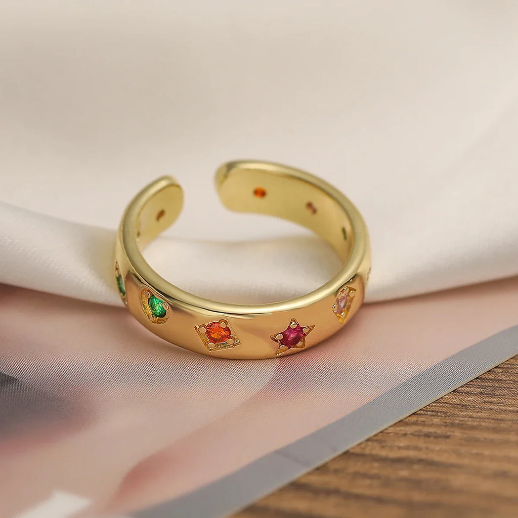 NEWBUY 2024 New Fashion Gold Color Colourful AAA CZ Zircon Inlay Jewelry Open Design Wedding Bands Rings For Women Girl Vera Lux
