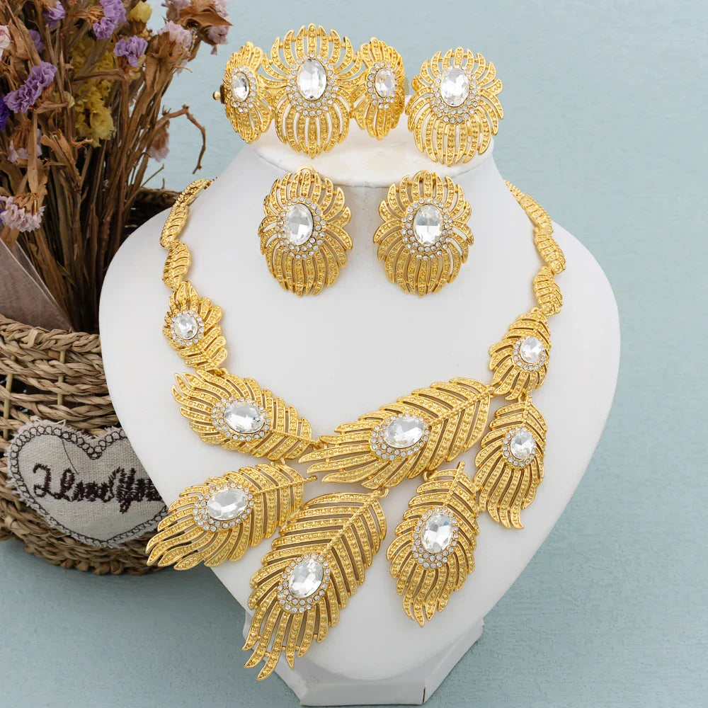 Italy Gold Color Jewelry Set Dubai Women Angel Feather Zircon Necklace Earrings Exaggerate Design Pendant Large Jewelry Bangle Vera Lux