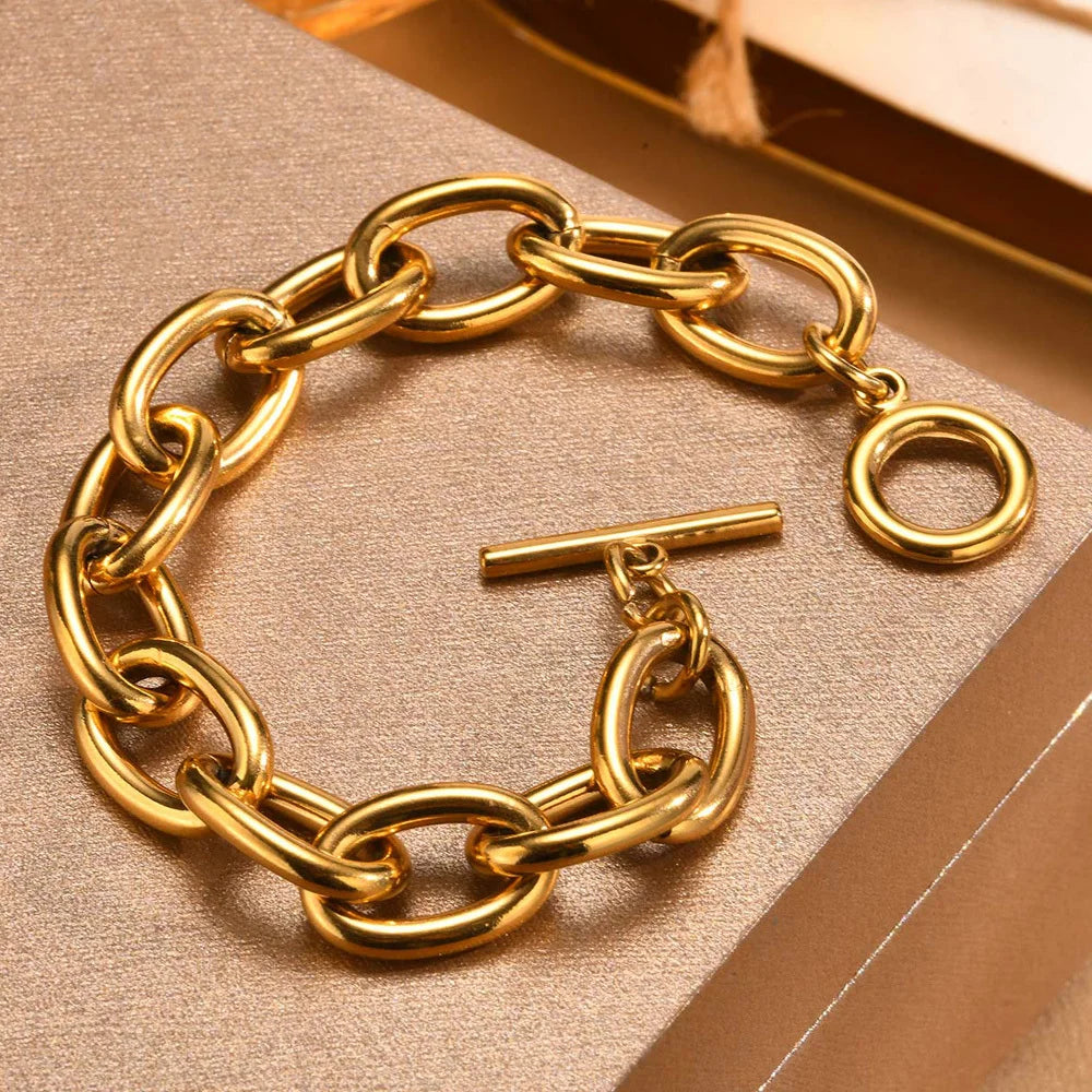 Chunky Bold Toggle Bracelets for Women, Stainless Steel OT Buckle Link Chain Bracelet Gold Plated Tarnish Free Vera Lux