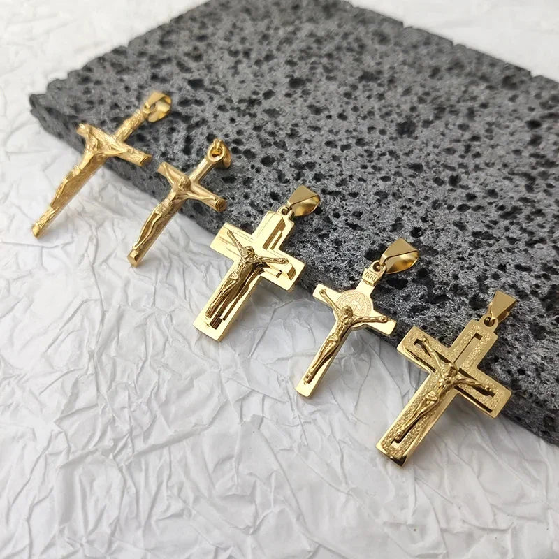 Jesus Cross 18k Gold Plated Stainless Steel Pendant Necklace For Men Unisex Religious Waterproof  Jewelry Accessories Vera Lux