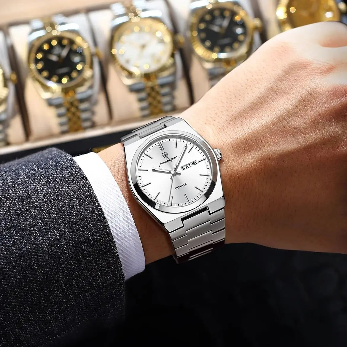 POEDAGAR Luxury Business Man Wristwatch Waterproof Luminous Stainless Steel Men Watch Date Week Fashion Quartz Men's Watches+Box Vera Lux