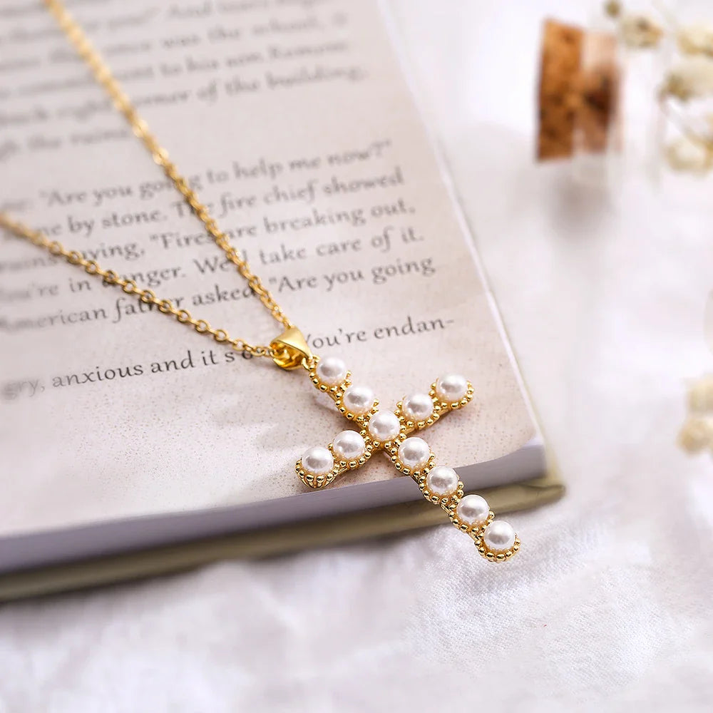 NEWBUY Classic Design Cross Pendant Gold Color 316L Stainless Steel Chain Necklace For Women Luxury Pearl Jewelry Vera Lux