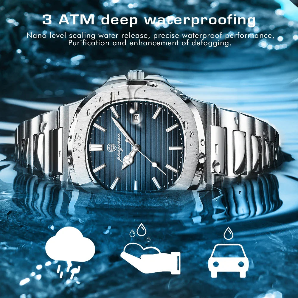 PAAZOMU Luxury Watch Business 50 ATM Waterproof Male Clock Luminous Date Stainless Steel Square Quartz Men Watches reloj hombre Vera Lux