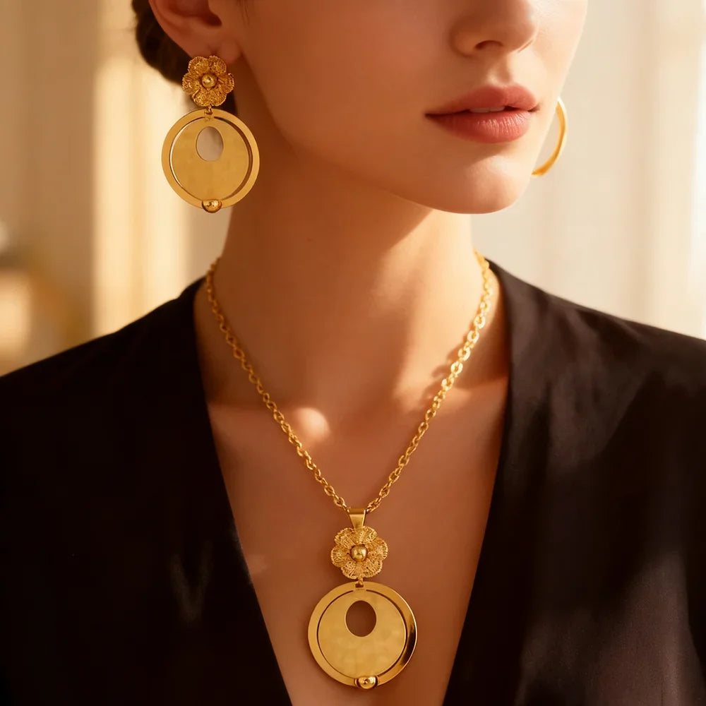 African Gold Color Women Necklace and Earrings Trend Dubai Flower Hollow Out Jewelry Set Gift For Party Wedding Daily Accessorie Vera Lux