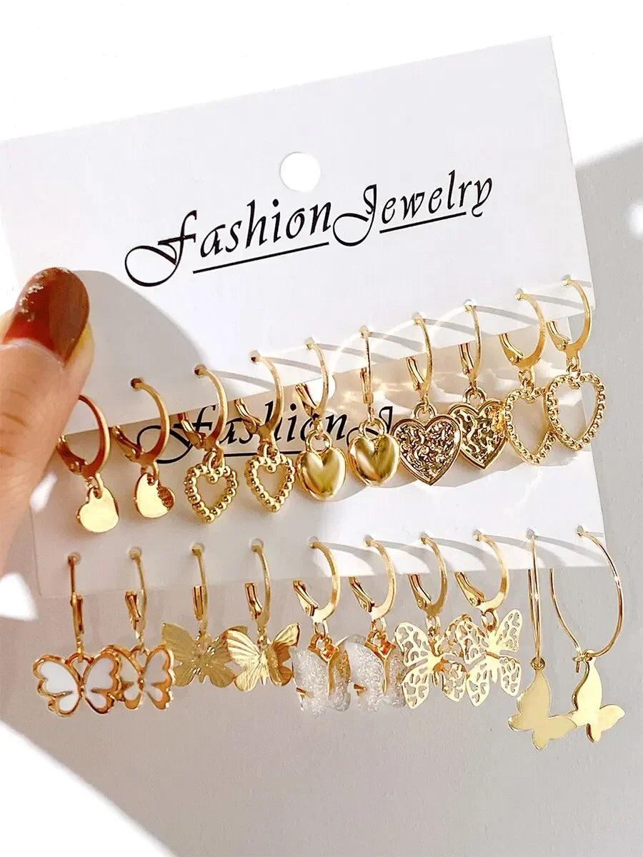 10pcs Gold Color Creative Simple Earrings Set for Women Fashion Temperament Hollowed-out Butterfly Love Earrings Jewelry Gifts Vera Lux
