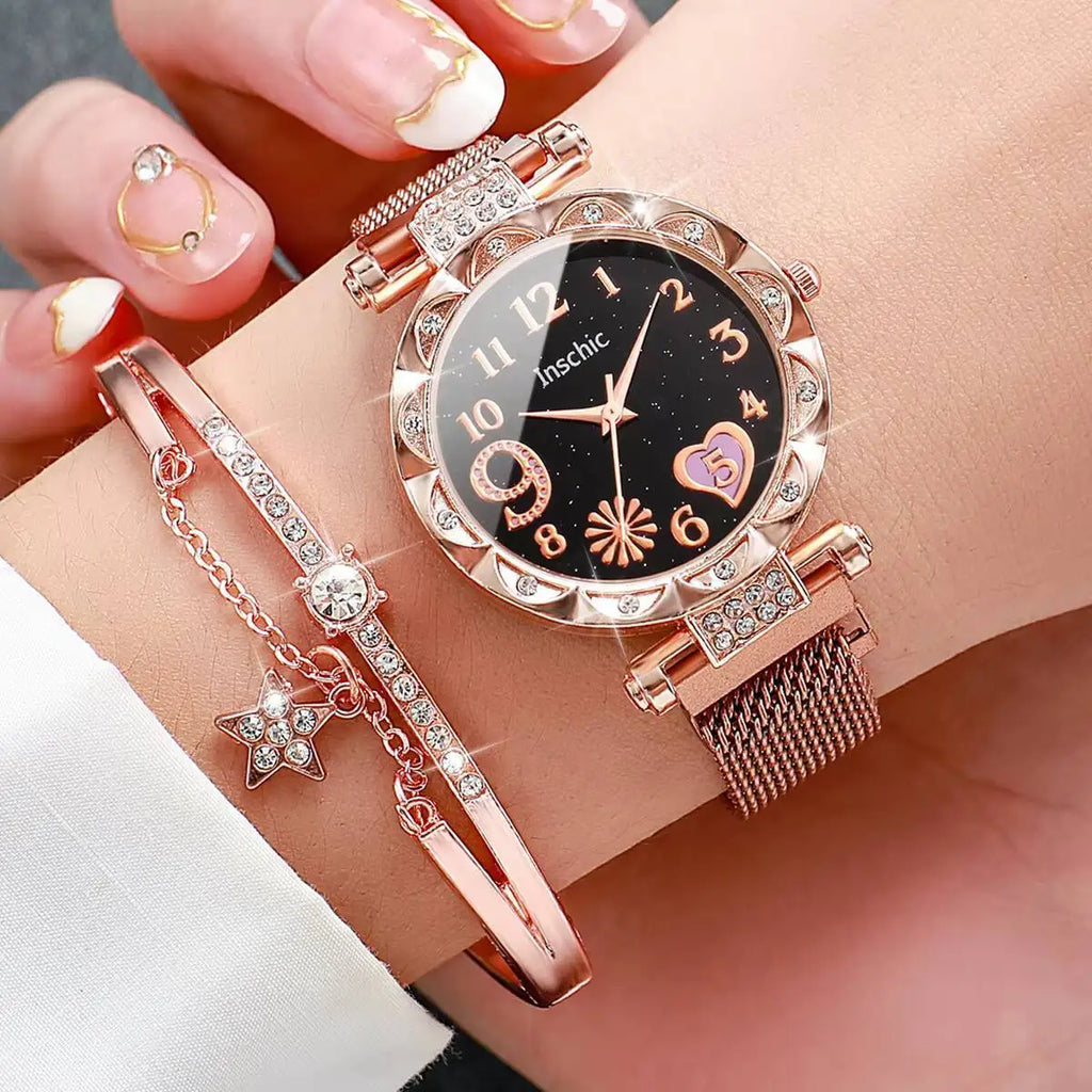 2PCS Fashion Women's Watches Set Magnet Buckle Mesh Strap Analog Quartz Watch Star Bracelet Set Reloj Mujer Vera Lux