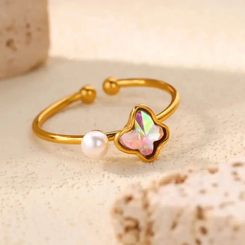 Stainless Steel Four Leaf Clover Rings For Women Gold Color Zircon Opening Couple Ring Aesthetic Wedding Bohemian Jewelry Gift Vera Lux