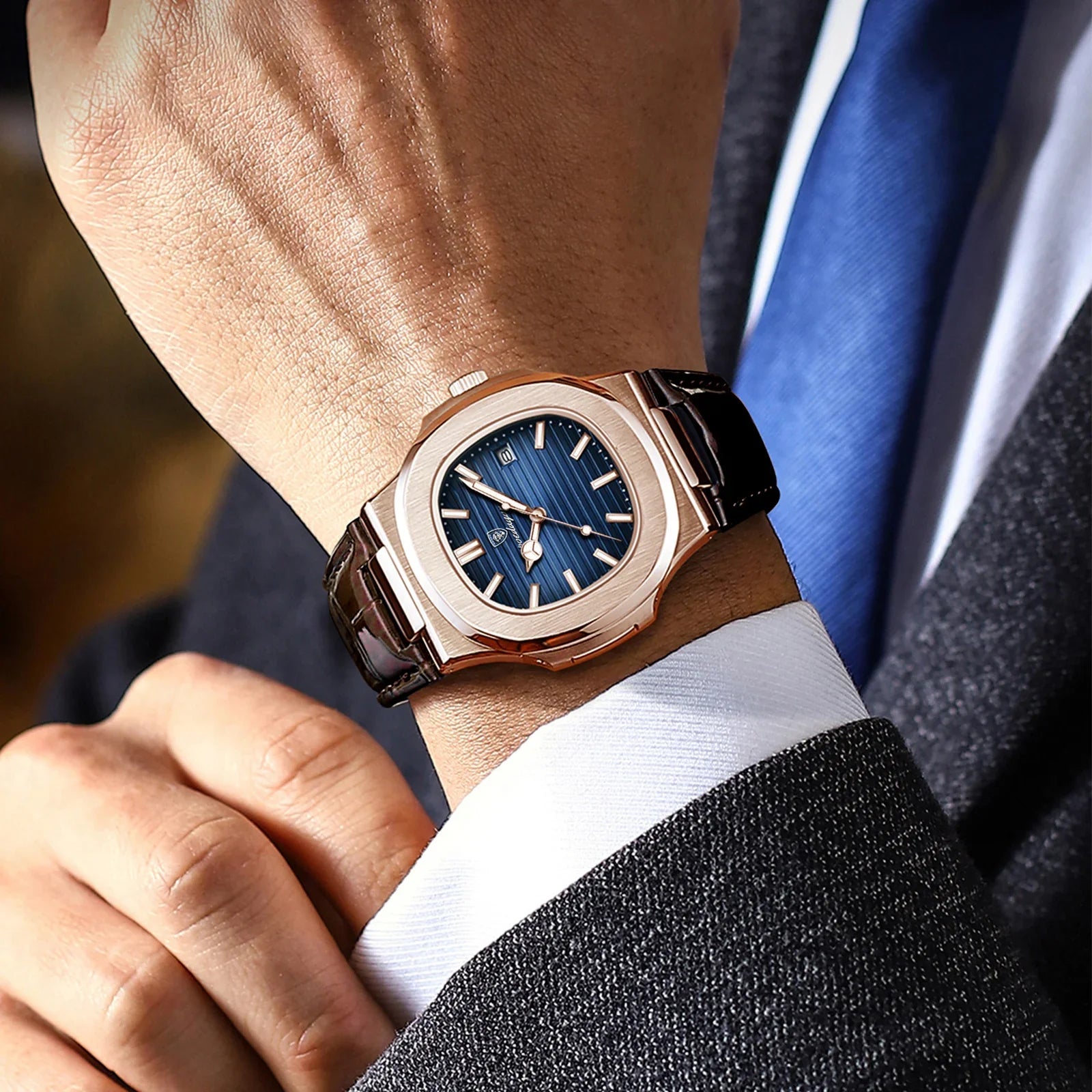 POEDAGAR Fashion Square Men's Watch Waterproof Luminous Date Business Man Wristwatch Casual Leather Quartz Watches For Men Reloj Vera Lux