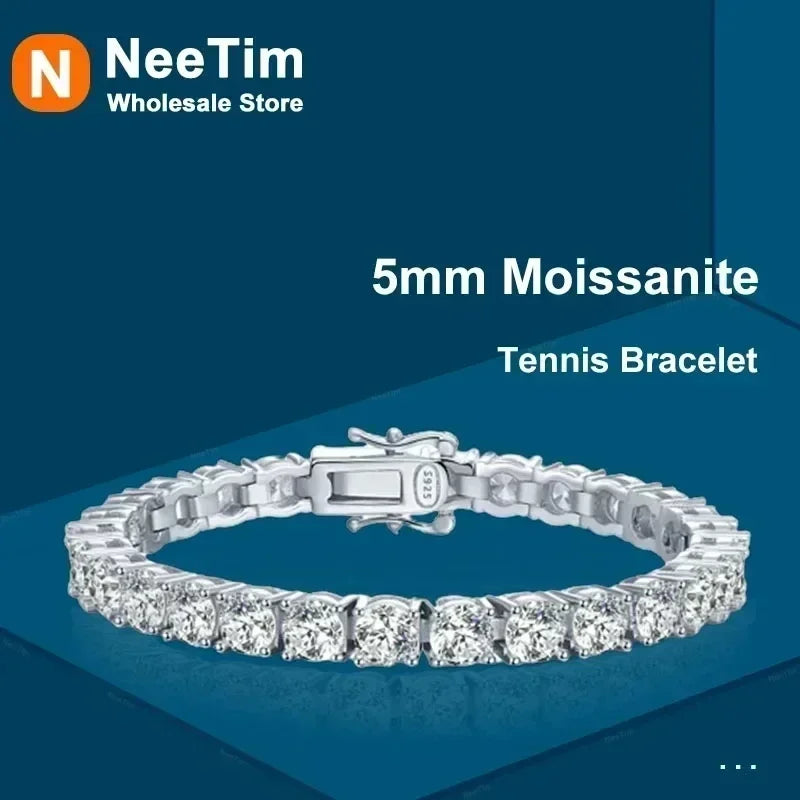 NeeTim 3mm 4mm 5mm Moissanite Tennis Bracelet Full Diamond 925 Sterling Silver with Gold Plated Bracelets For Women Men Vera Lux