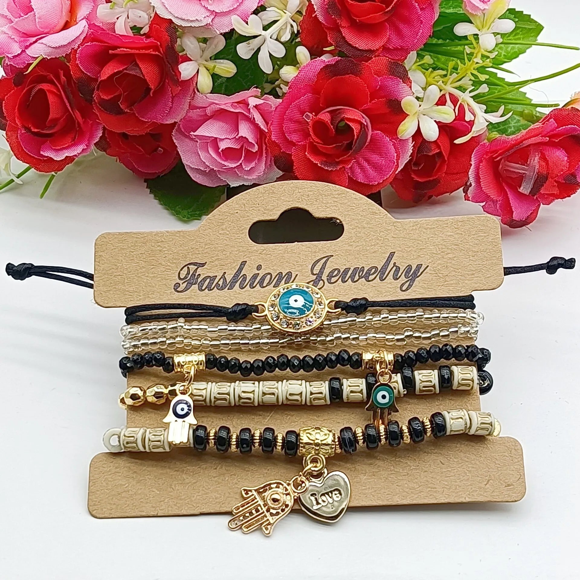 6Pcs Fatima Hand Evil Eye Bracelet Set For Women Heart Charm Beads Rope Chain Bangle Female Bohemian Handmade Jewelry Vera Lux