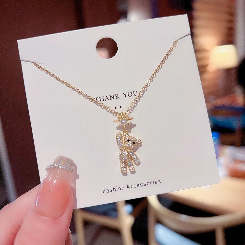 Obega Lovely Bear Necklaces for Women Cubic Zircon Inlaid Gold Color Neck Chain Female Necklaces Cute Jewelry Pendant Vera Lux