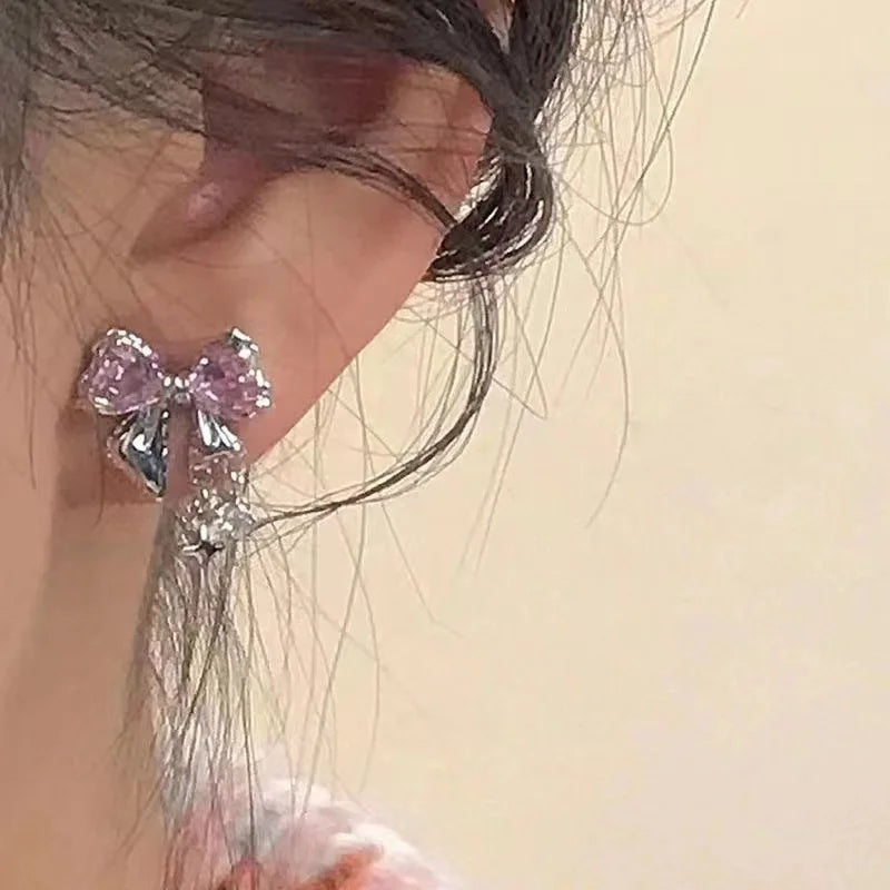 New Y2K Bowknot Zircon Stud Earrings for Women Fashion Korean Silver Color Pink Crystal Personality Earring Party Jewelry Gifts Vera Lux