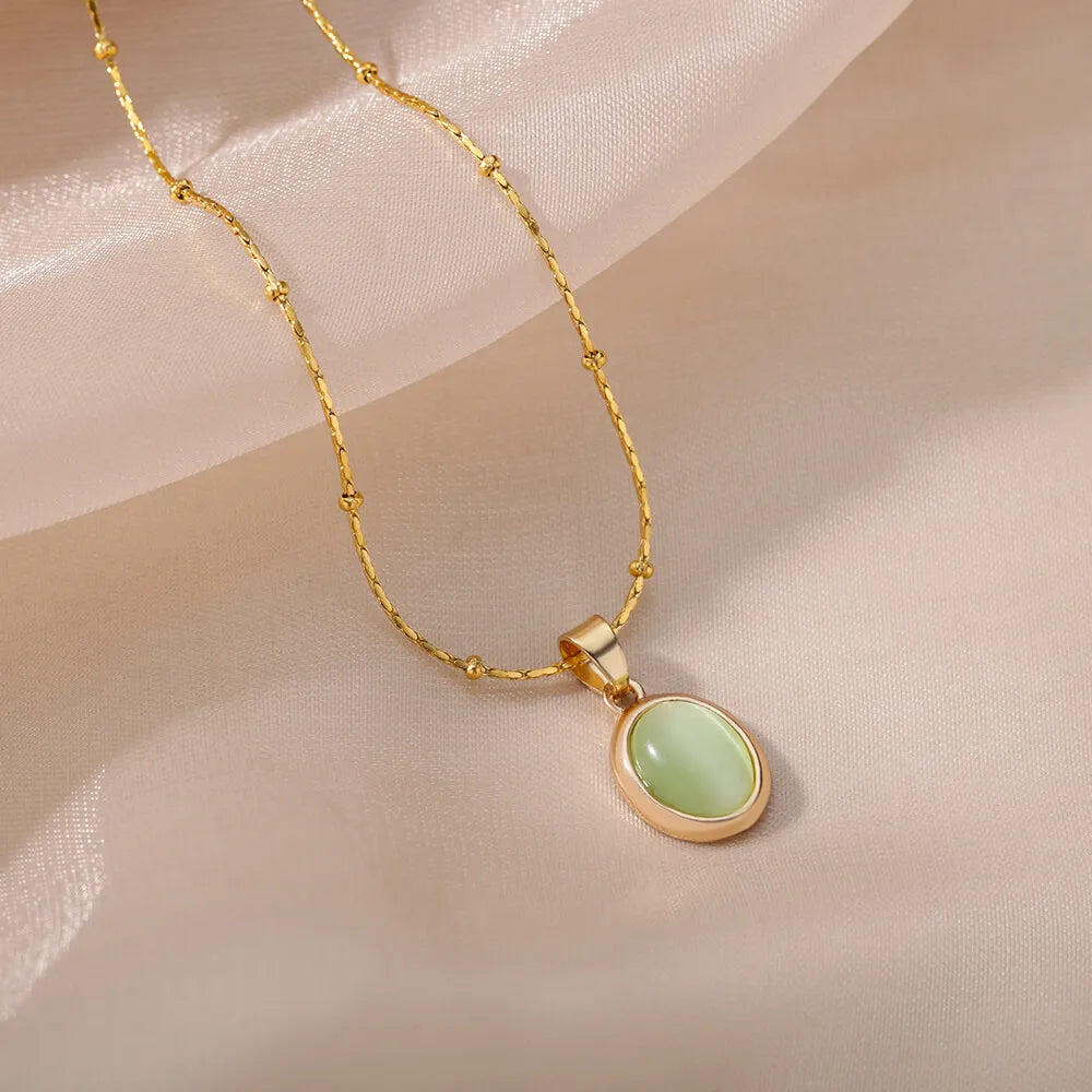 Fashion Stone Opal Oval Necklace For Women Stainless Steel Gold Color Oval Stone Pendant Necklace Wedding Aesthetic Jewelry Gift Vera Lux