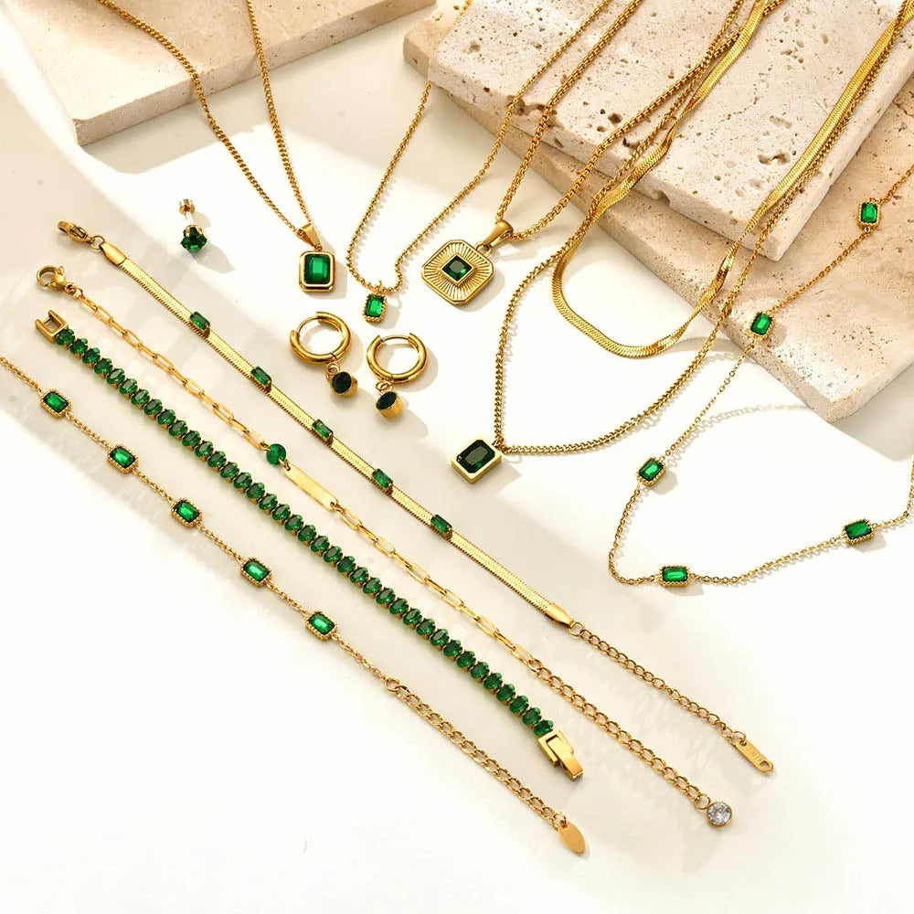 Retro Green Zircon Pendant Necklace For Women, Crystal Stone Chain Stainless Steel Gold Plated Luxury Birthday Gifts Vera Lux