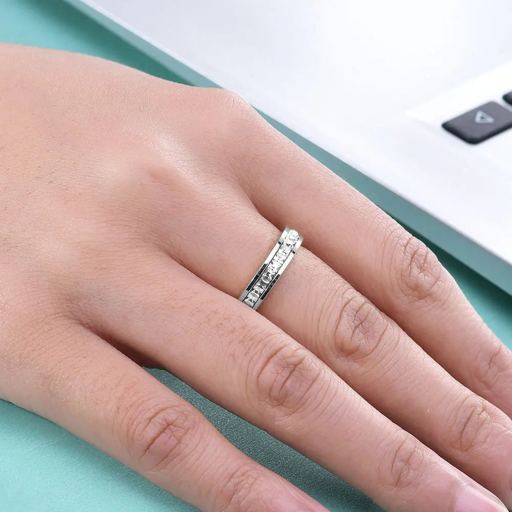 VQYSKO Square Zircon Stainless Steel Ring White Zircon Engagement Party Accessories Geometric Couple Custom Ring Vera Lux
