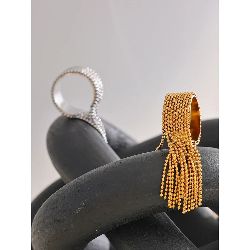 Yhpup Statement Stainless Steel Chain Tassel Finger Ring Adjustable 18K PVD Plated High Quality Charm Stylish Golden Jewelry Vera Lux