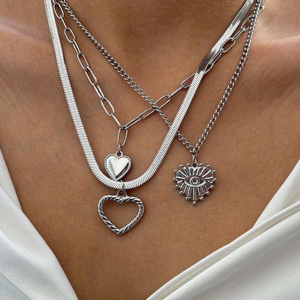 Stainless Steel Necklace Vintage Noble Texture Unique Heart Pendant Multi-style Chain Fine Necklace For Women Jewelry Party Wear Vera Lux