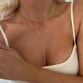 Gold Plated Lariat Necklace for Women, Double Laryered Long Chain Drop Pendant Choker Necklaces Fashion Gifts Vera Lux