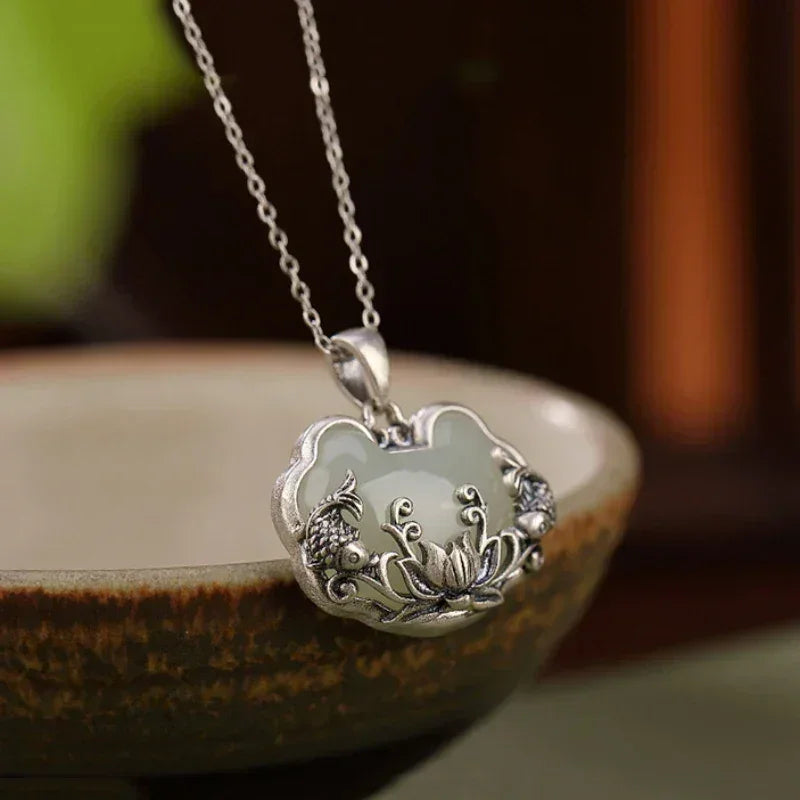 925 silver Natural Hotan Jade fish-shaped Lotus flower necklace Retro Chinese style Ruyi Pendant clavicle chain jewelry Femstylo