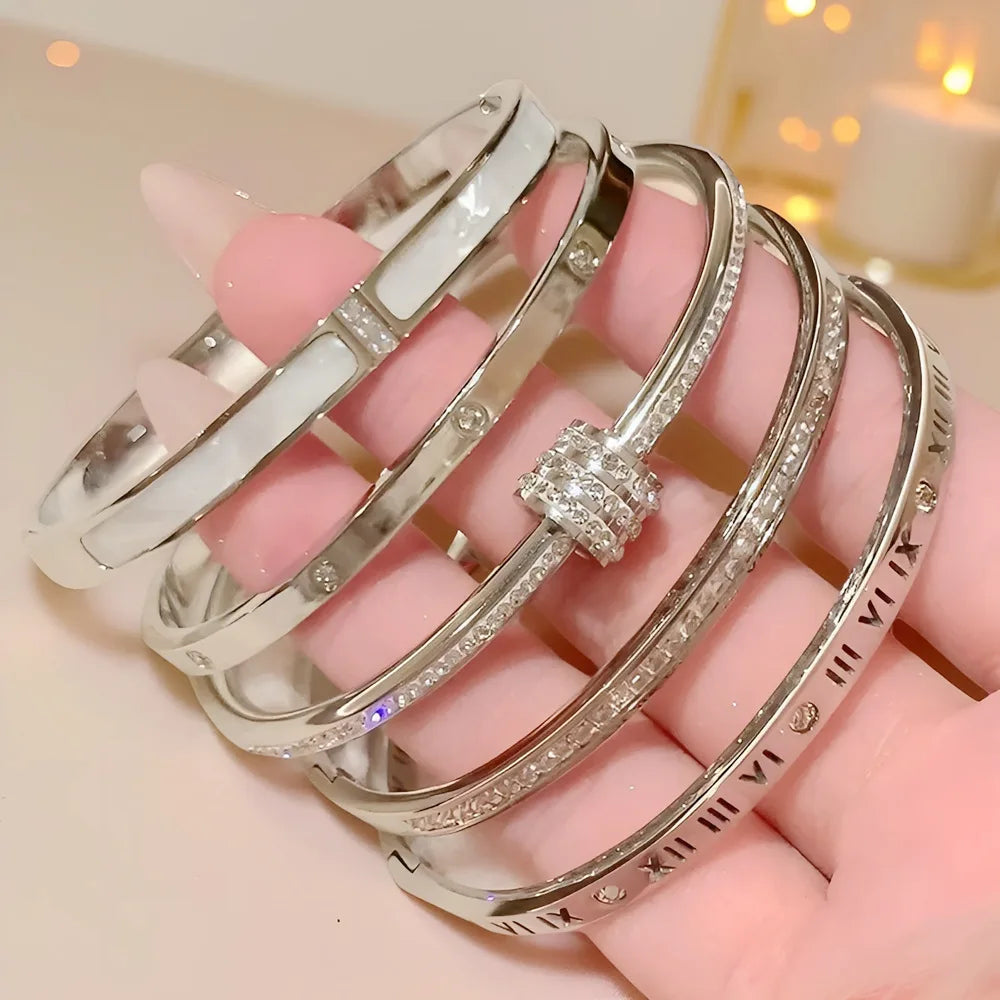Yupsk 5Pcs/set Silver Color Stainless Steel Bracelet Shiny Zircon Inlaid Stackable Bangles Female Jewelry Gift Vera Lux