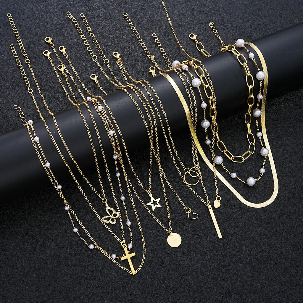 11 Pcs Simple Pearl Choker Necklaces Set for Women Fashion Layered Chain Star Cross Heart Pendant Charms Necklace Jewelry Gifts Vera Lux