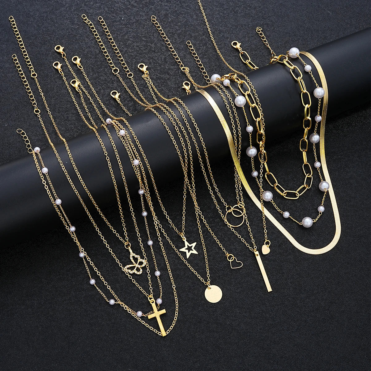 11 Pcs Simple Pearl Choker Necklaces Set for Women Fashion Layered Chain Star Cross Heart Pendant Charms Necklace Jewelry Gifts Vera Lux