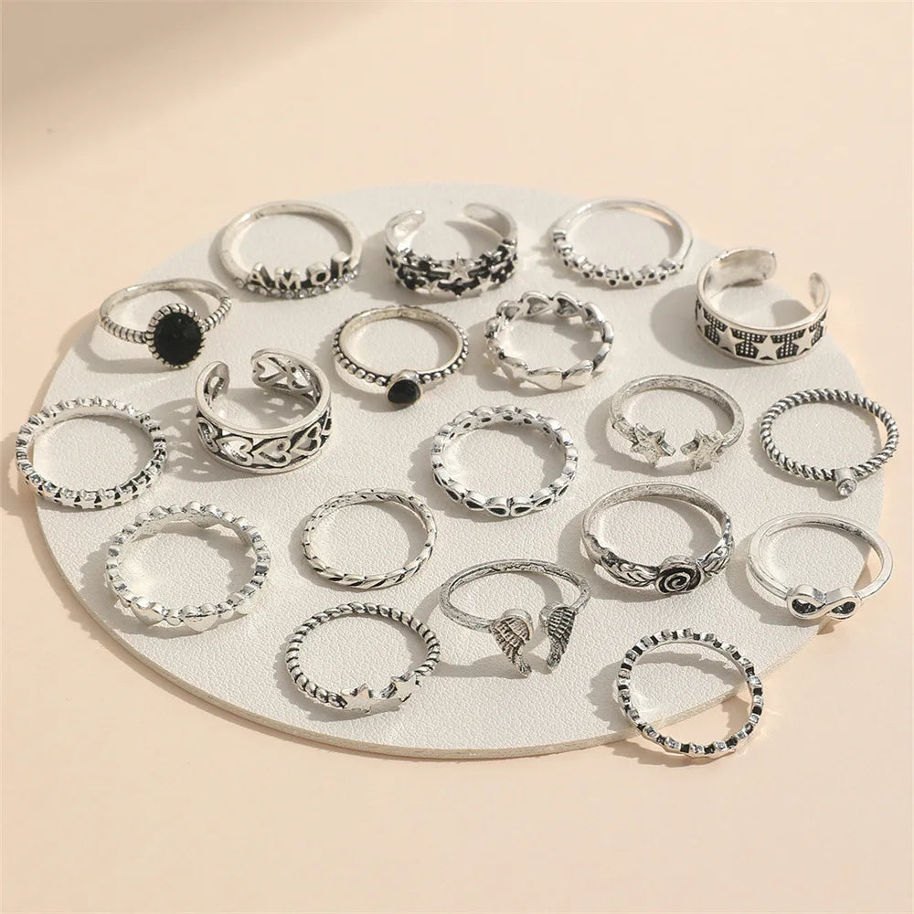 19 PCS Retro Punk Finger Ring Set For Women Vintage Heart Wing Star Gothic Ring Female Fashion Jewelry Accessories Vera Lux
