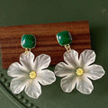 Obega White Flower Charm Square Metal Green Epoxy Drop Earrings For Women Bohemia Romantic Camellia Flower Dangle Earring Luxury Vera Lux