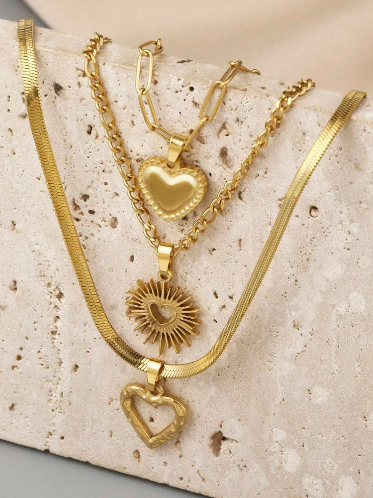 3 Pcs Fashion Bohemia Heart Pendant Chain Layered Necklace for Women Summer Beach Simple Copper Metal Necklace Jewelry Gift 2024 Vera Lux