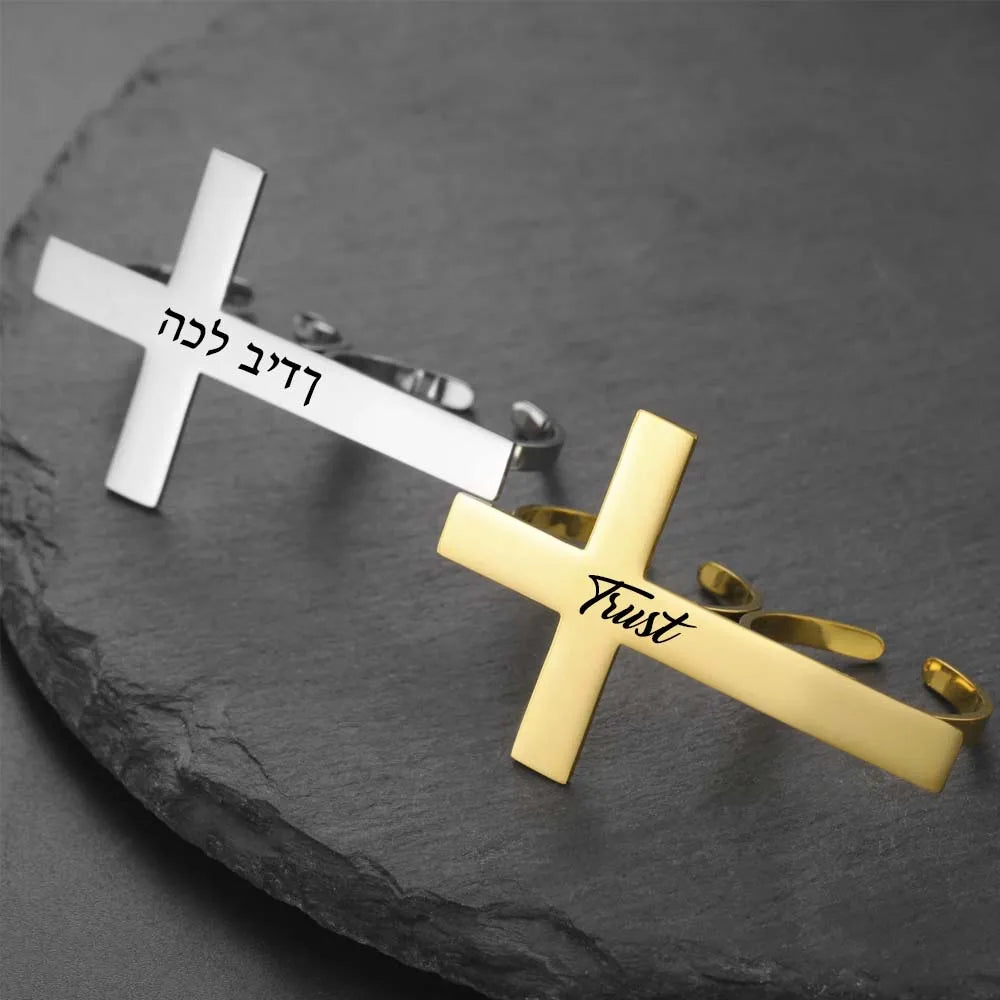 Cross Personalized Name Finger Ring Custom Gift For Woman Men Gold Color Stainless Steel Jesus Christian Amulet Talisman Jewelry Vera Lux