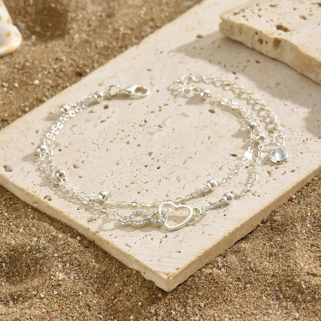 S925 heart-shaped double-layer ankle bracelet, simple and elegant, suitable for daily wear, hypoallergenic Vera Lux