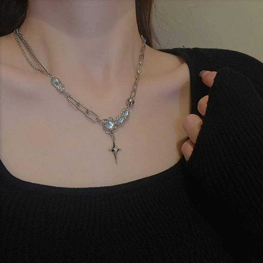JWER Trendy Bling Moonstone Star Cross Pendant Necklace for Women Punk Hip Hop Star Chain CrystalNecklace Party Y2K Jewelry Gift Vera Lux