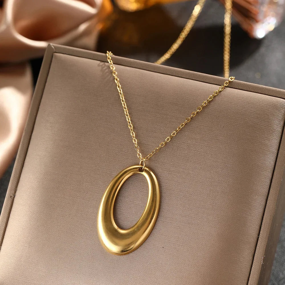 DOTIFI  Stainless Steel Delicate Hollow Arc Circle Geometric Pendant Necklace Female Fashion Minimalist Commuter Long Necklace Vera Lux