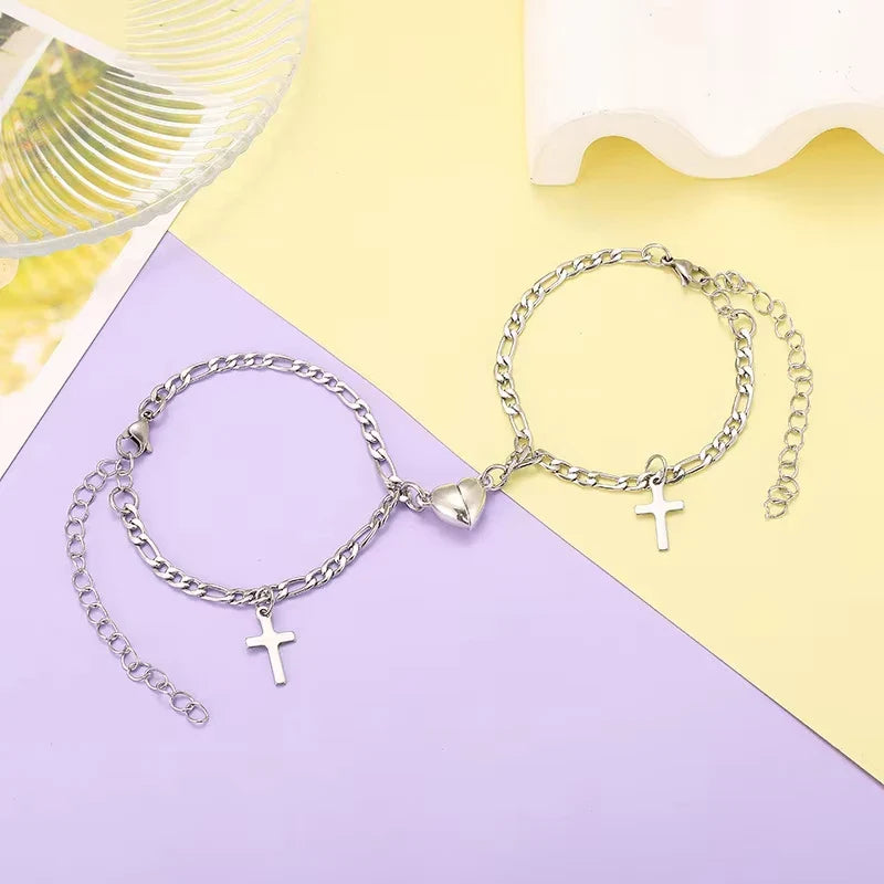2Pcs/set Magnet Couple Bracelets Heart Attraction Bracelet Stainless Steel Charm Simple Cuban Chains Key Lock Jewelry Gifts Vera Lux
