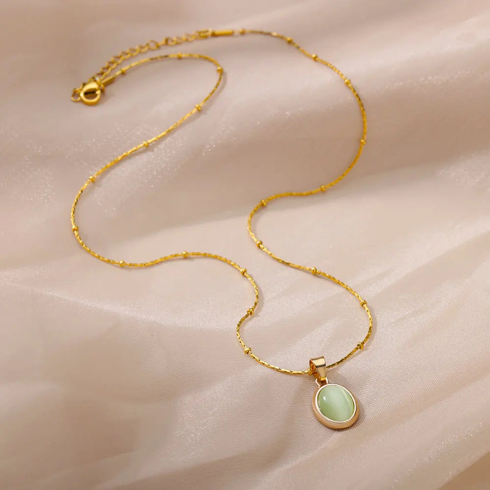 Fashion Stone Opal Oval Necklace For Women Stainless Steel Gold Color Oval Stone Pendant Necklace Wedding Aesthetic Jewelry Gift Vera Lux