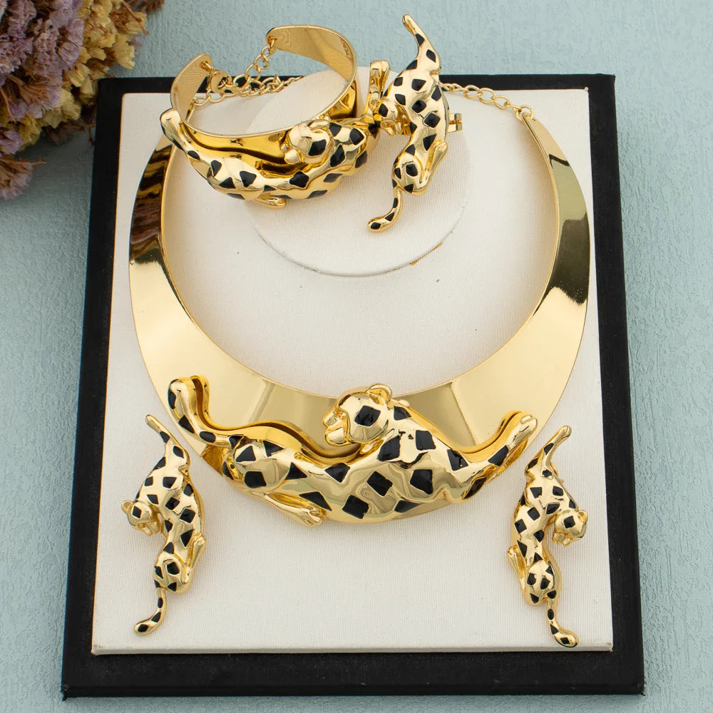 Woman Jewelry Set African Fashion Leopard Necklace Earrings 18K Gold Plated Animal Shape Bracelet Ring Copper Dubai Jewelry Gift Vera Lux
