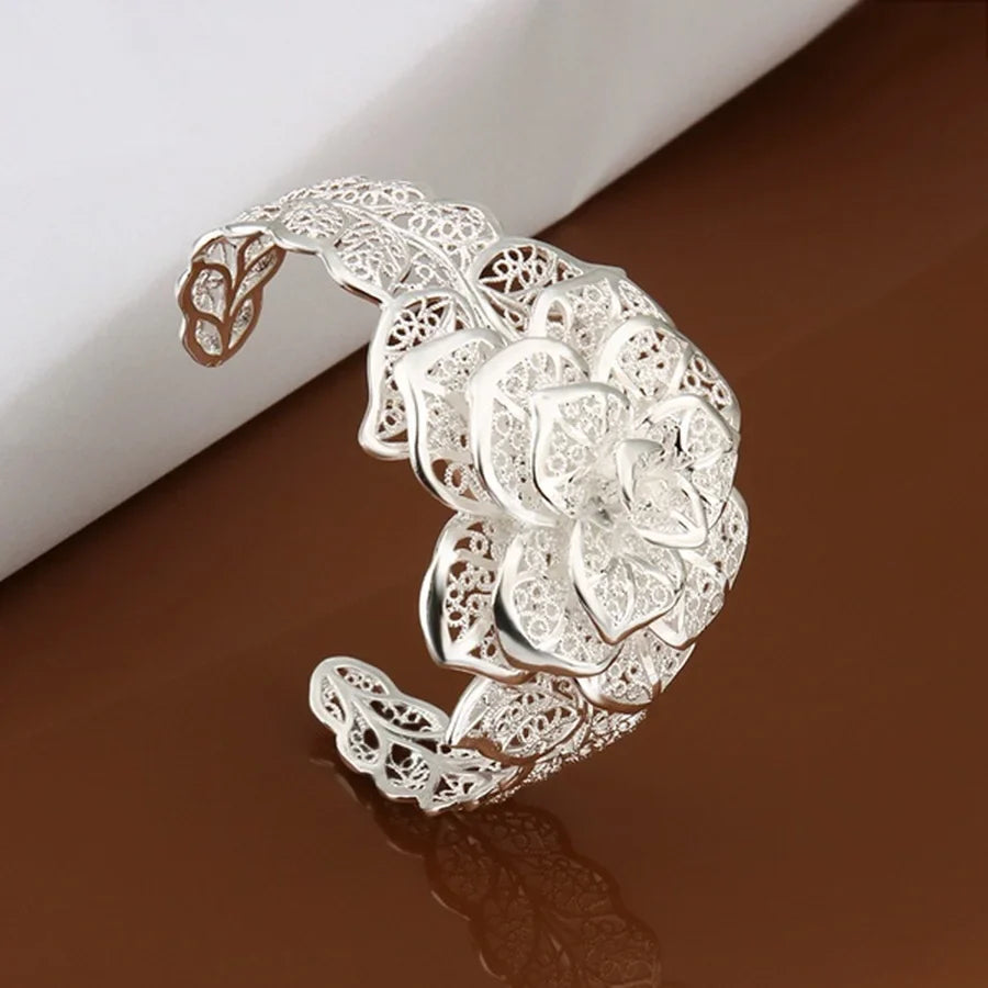 925 Sterling Silver jewelry bangle Hot engagement  exquisite retro charm hollow big women lady flowers openings bracelet Vera Lux