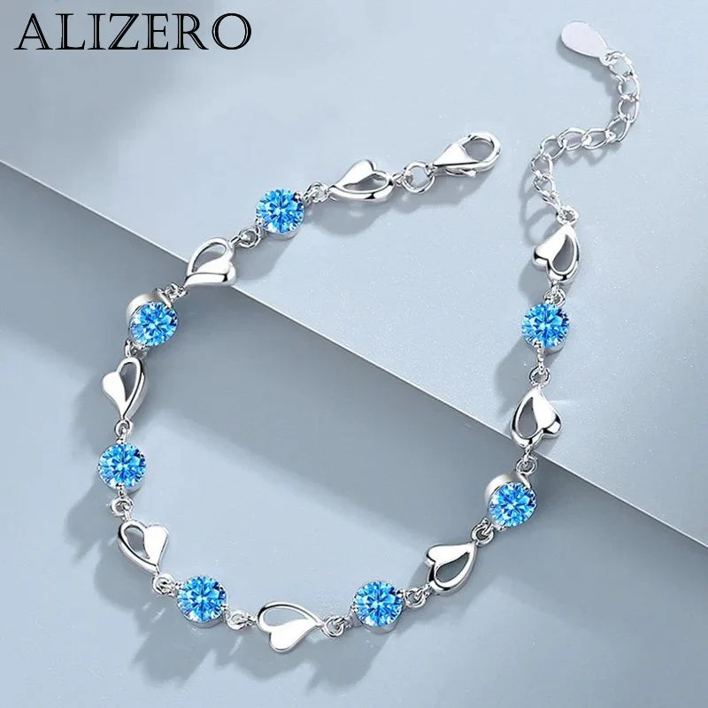 925 Sterling Silver Heart Shaped Bracelet For Women Retro Korean Versatile Blue Crystal Charm Bracelets Original Party Jewelry Vera Lux