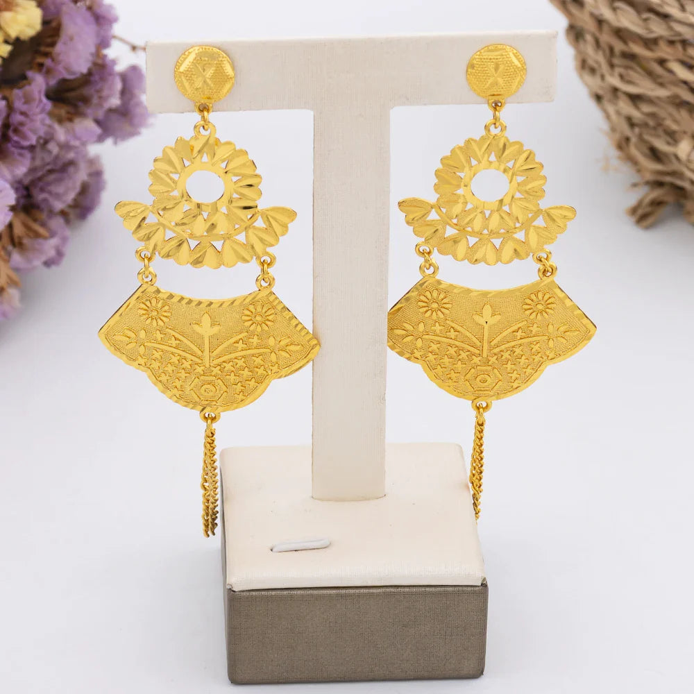 Ethiopia Gold Plated Necklace Chain for Women New Design Bold Earrings 18k Gold Color Lady Elegant Evening Party Jewelry Gift Vera Lux