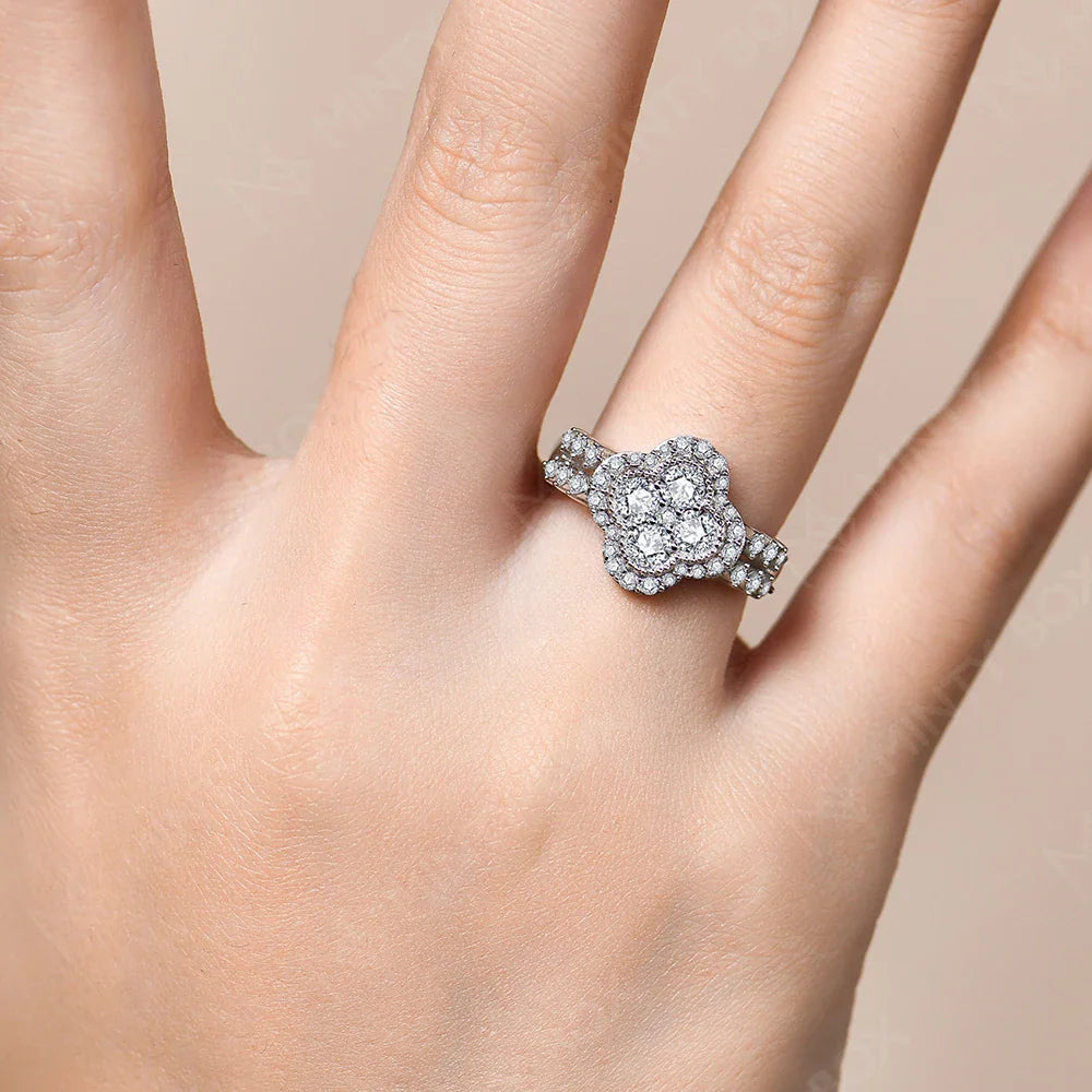 MINTYBOX Moissanite 18k White Gold Plated Diamond Ring For Women S925 Sterling Silver Engagement Wedding Fine Jewelry Four-Leaf Vera Lux