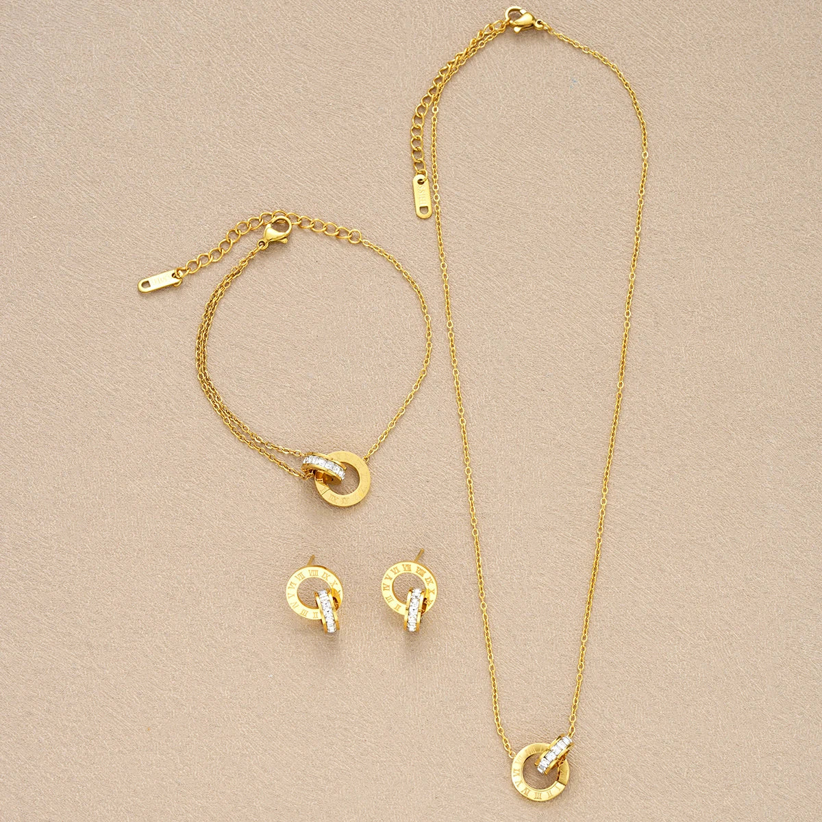 4Pcs/Set Gold Color Stainless Steel Crystal Necklace Bracelet Earrings for Women Interlocking Circles Roman Numbers Jewelry Sets Vera Lux