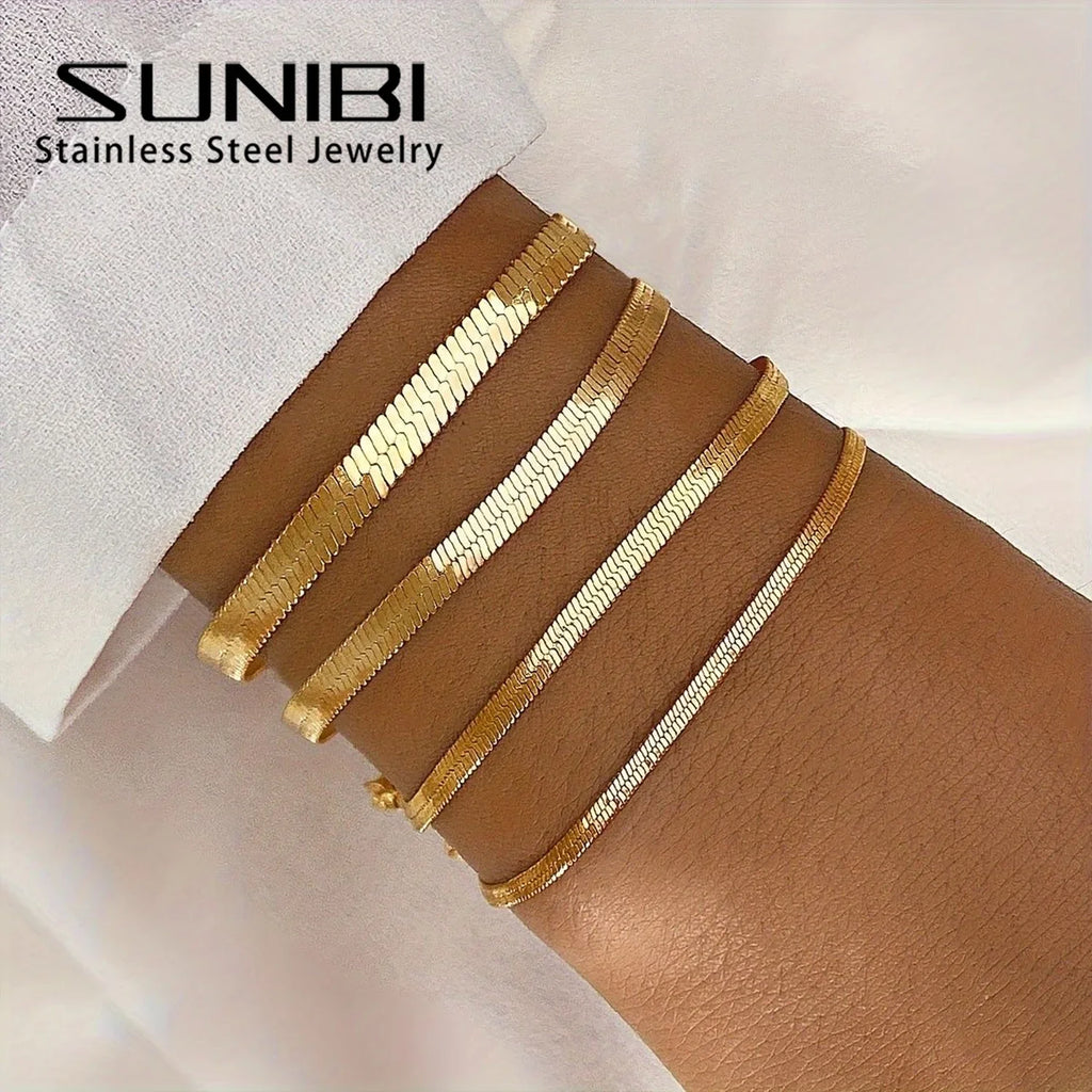 SUNIBI Women Trend Classic Snake Chain Bracelet Gold Color Width 2/3/4/5MM Stainless Steel Chain Bracelet For Women Jewelry Gift Vera Lux